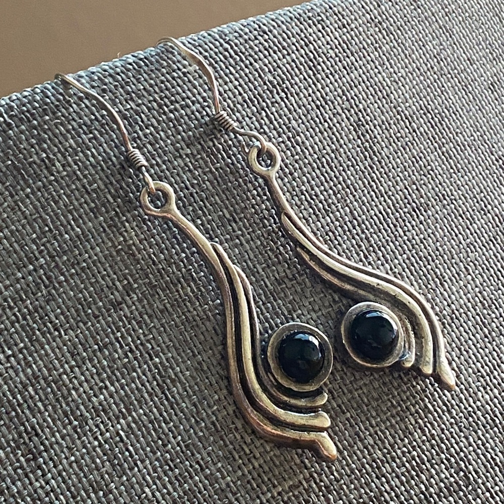 Sterling Silver Black Onyx Dangle Earrings 925 Vintage Style Swirl Drop